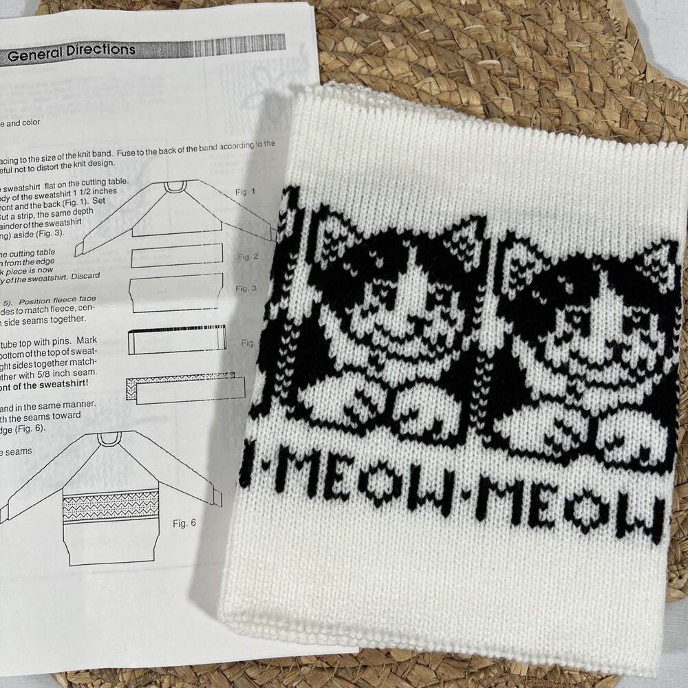 Vintage Cat Meow Knit Band Insert for Sweatshirts Tops DIY Sewing Craft